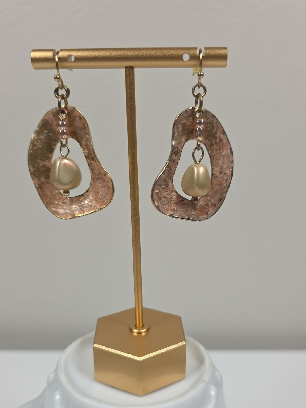 Gold-Tone Irregular Hoop Earrings with Pearl Drop